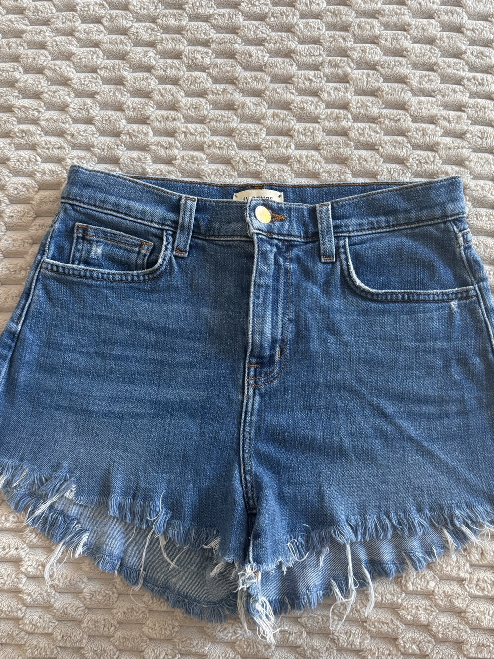 L'AGENCE Mid Blue Denim Frayed Cutoff Shorts